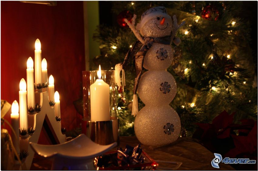 snehuliak, sviečky, vianoce