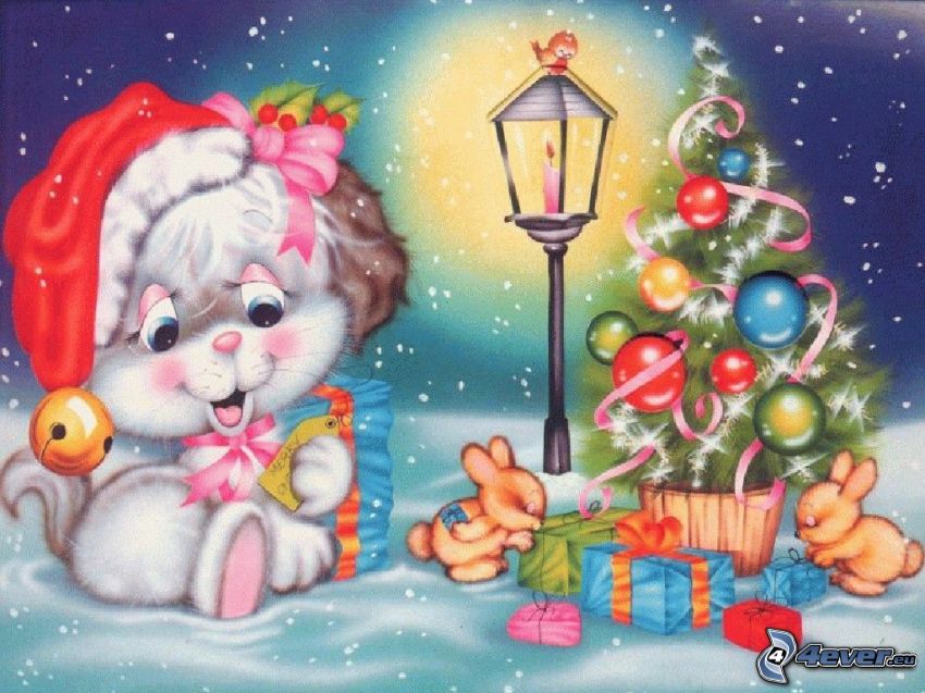 vianoce, kreslená mačka, vianočný stromček, kreslené zajačiky