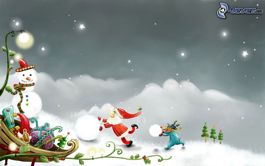 vianočné pozadie, snehuliak, darčeky, sneh