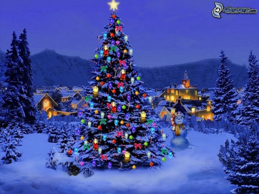 vianočný stromček, dedinka, snehuliak, les, noc, kreslené