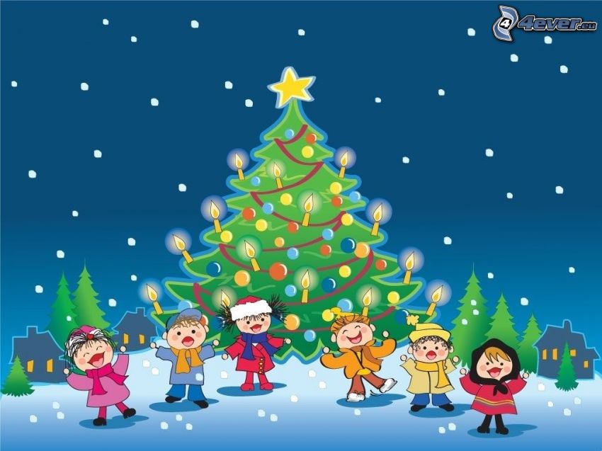 vianočný stromček, kreslené deti, sneh