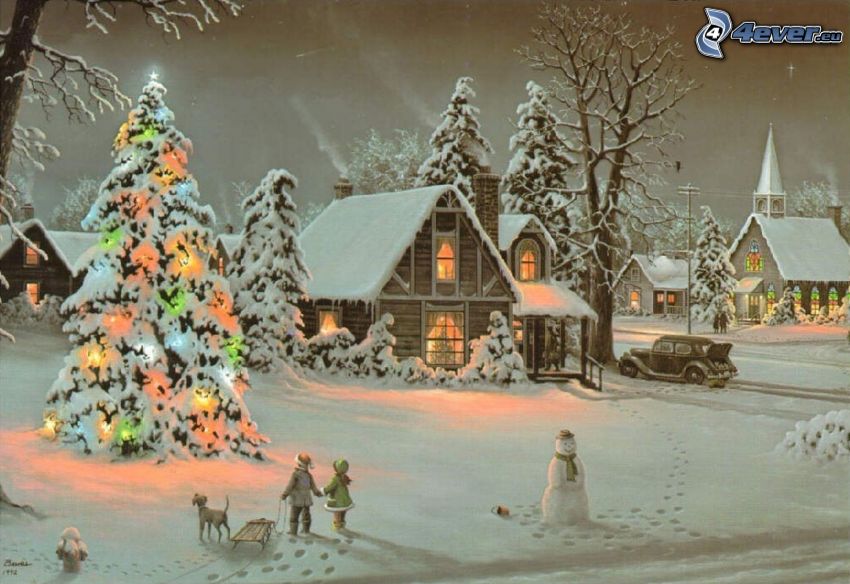 zasnežená dedina, kreslená dedinka, vianočný stromček, snehuliak, Thomas Kinkade