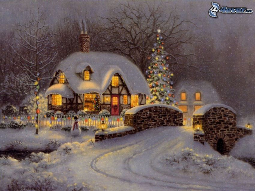 zasnežený dom, kamenný most, vianočný stromček, kreslené, Thomas Kinkade