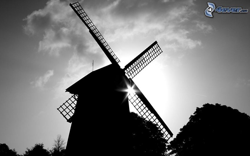 veterný mlyn, silueta, slnko, čiernobiela fotka