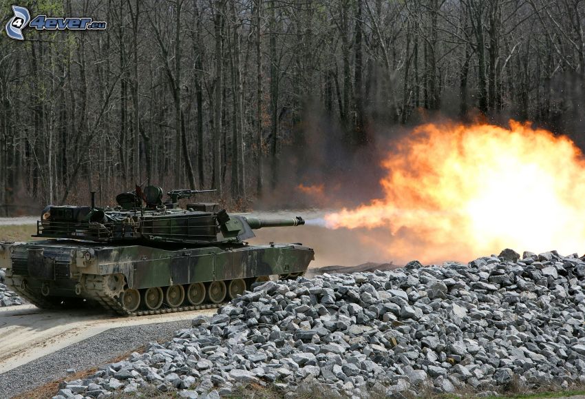 M1 Abrams, plameňomet, tank, výstrel, les, kamene