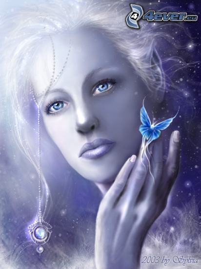 biela žena, náhrdelník, motýľ, vlasy