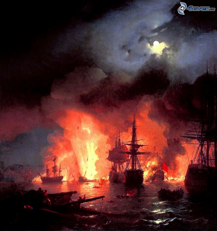 Bitka pri ostrove Chios - Ivan Aivazovsky, loď, oheň