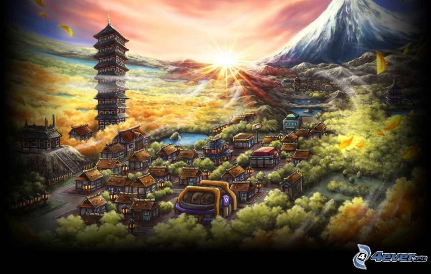 čínska dedinka, domy, hora, západ slnka, les