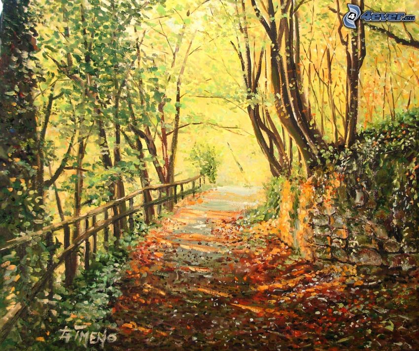 farebný jesenný les, chodník, opadané listy, maľba