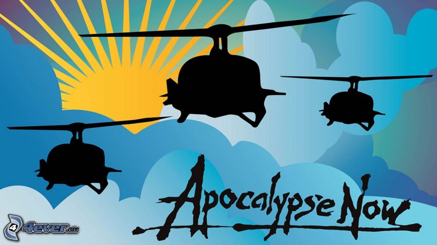 Apocalypse Now, vojenské vrtuľníky, kreslené slnko, silueta vrtuľníku