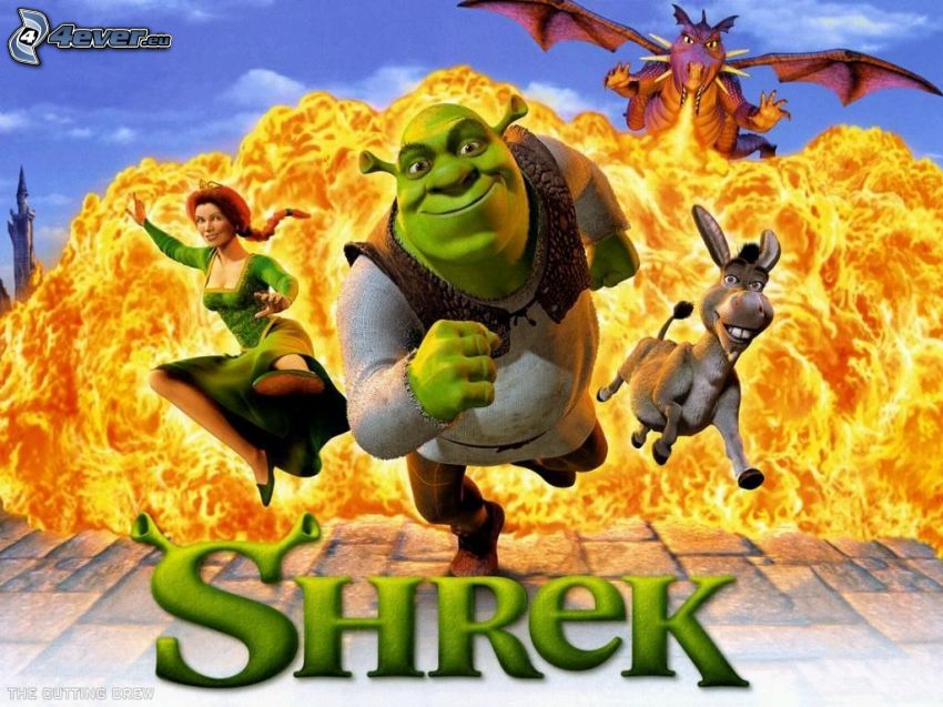 Shrek, Fiona, Oslík, drak, oheň