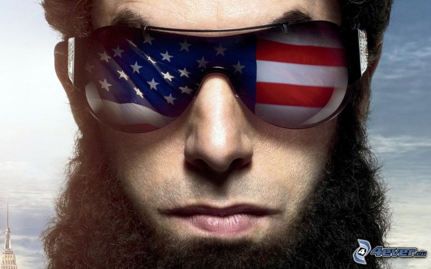 The Dictator, muž, slnečné okuliare, americká vlajka