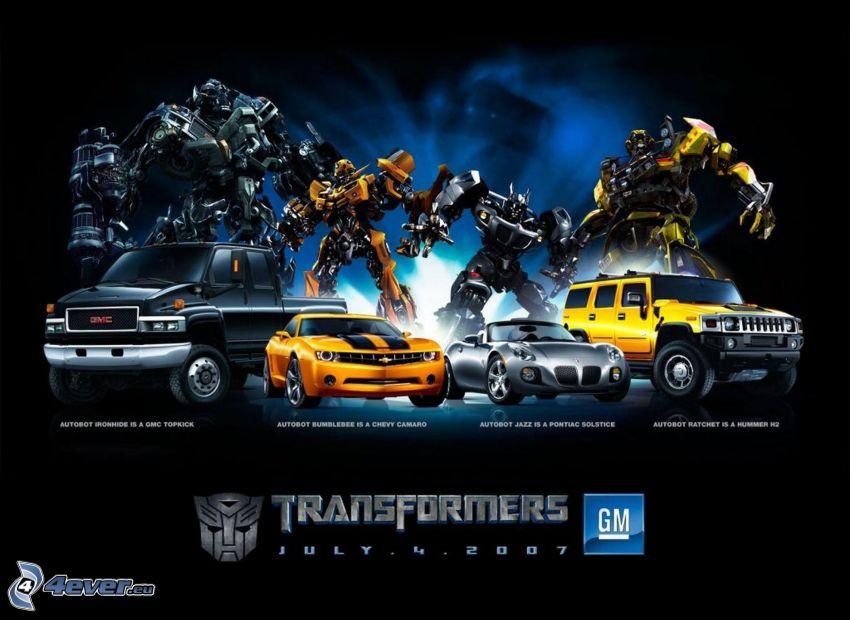 Transformers, roboti, autá, GMC, Chevrolet Camaro, Pontiac Solstice, Hummer H2