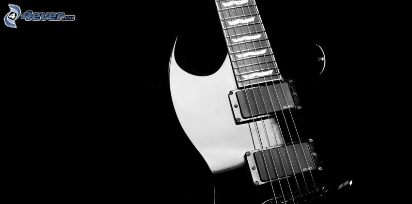 elektrická gitara, čiernobiela fotka