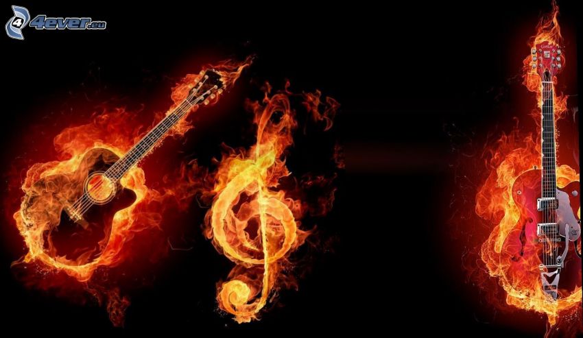 gitara v plameňoch, husľový kľúč, oheň