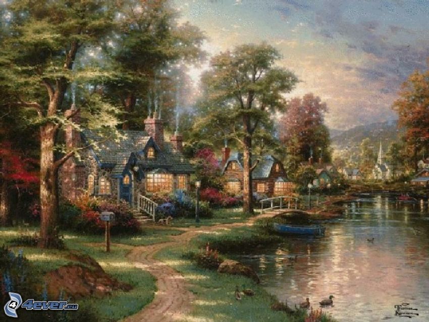 kreslená dedinka, potok, domy, kreslené stromy, chodník