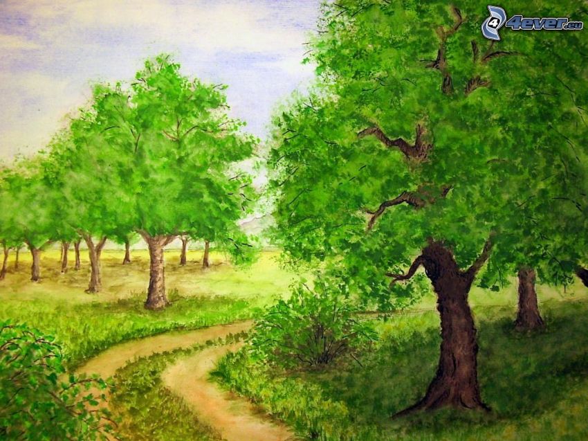 kreslené stromy, poľná cesta, maľba