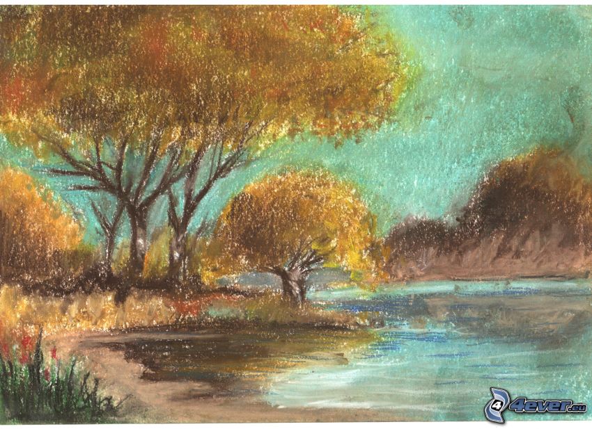 kreslené stromy, rieka