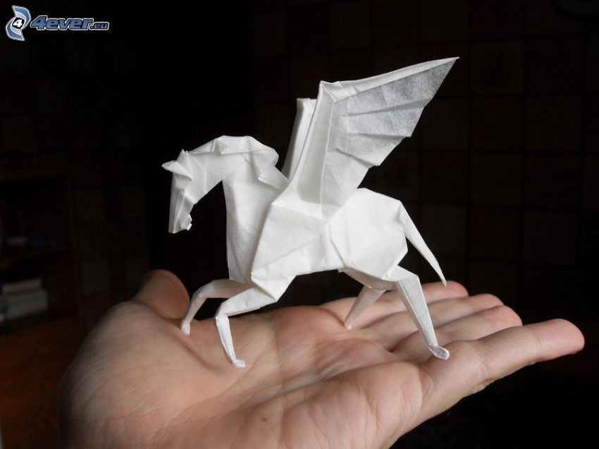 Pegas, origami, krídla, ruka