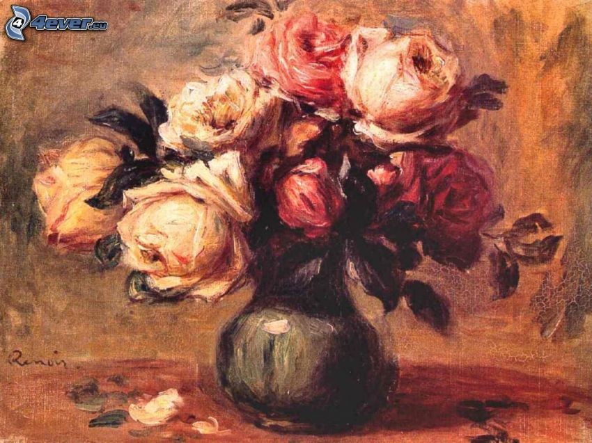 Pierre-Auguste Renoir, kvety, váza, obraz