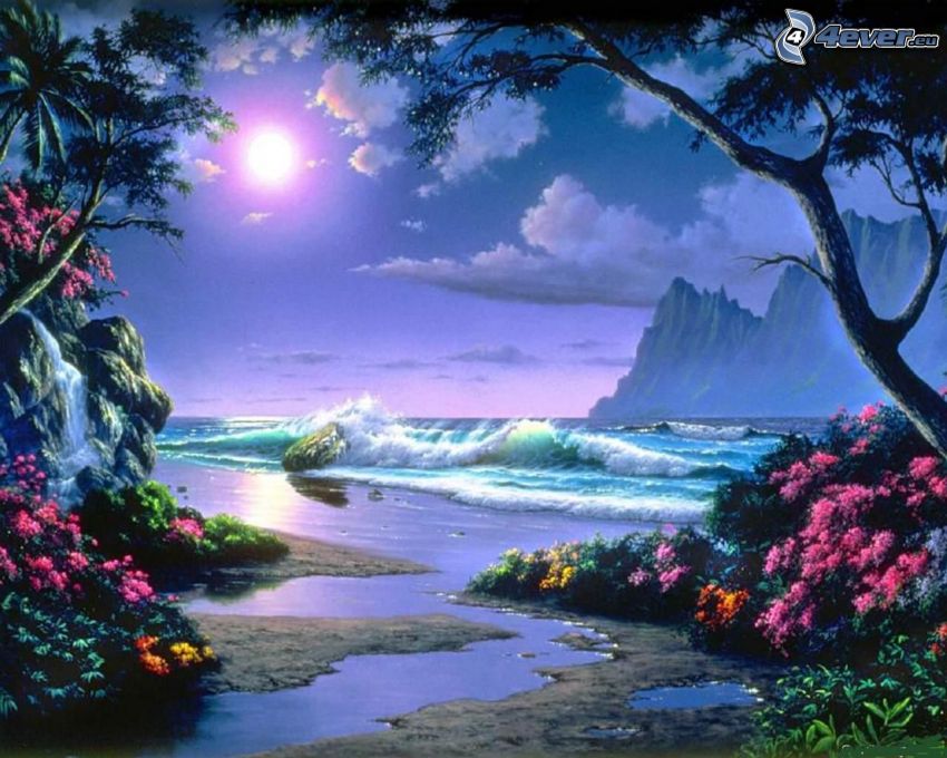 raj, pláž, more, vlny na pobreží, mesiac
