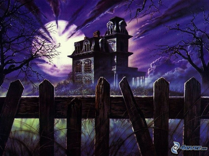 The Addams Family, strašidelný dom, starý drevený plot, spln