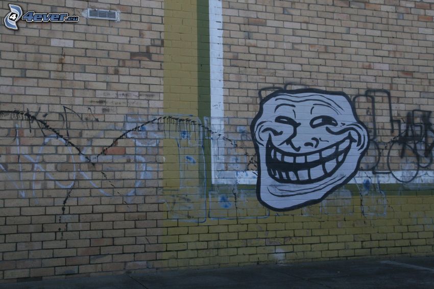 troll face, graffiti, tehlová stena