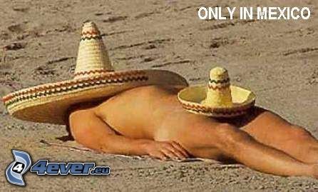 mexičan, opaľovanie, sombrero, pláž