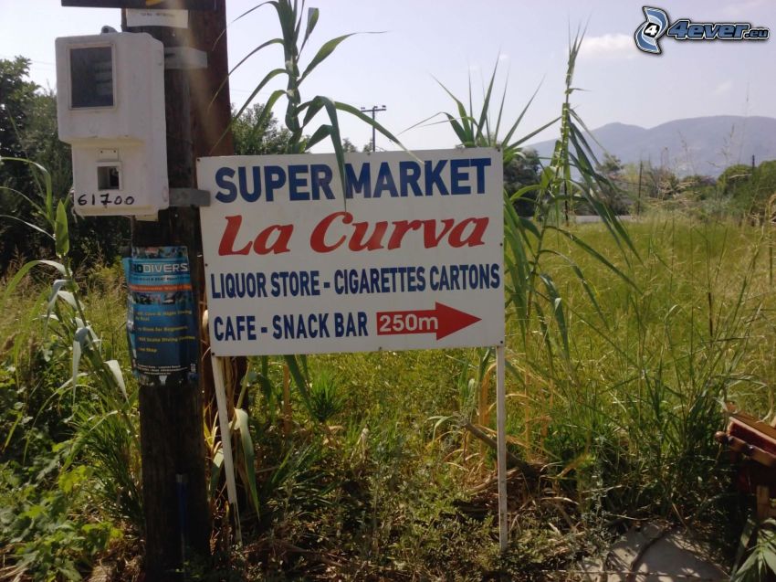 Supermarket La Curva, smerovník, tráva, kopec, nebo, stĺp