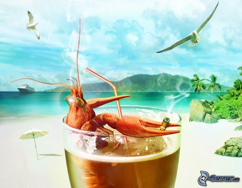 homár, cigareta, pohár, slamka, pláž, more, čajky, pohodička