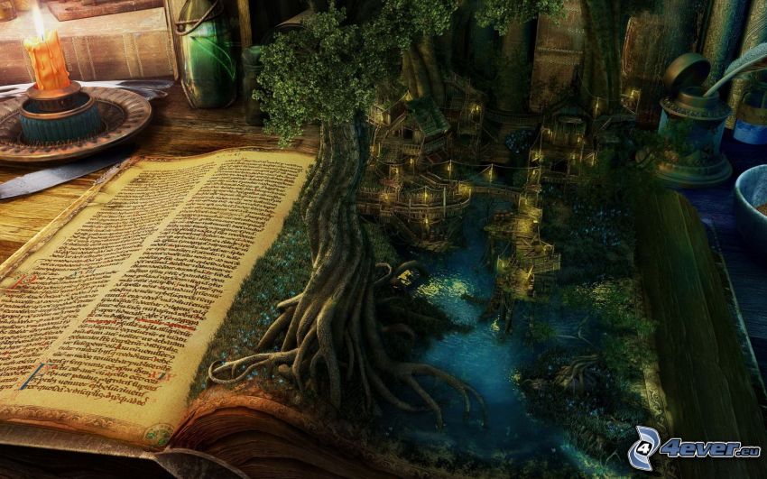 krajina, strom, dom, kniha