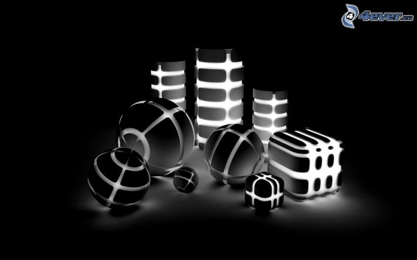 balls, cubes, lights, abstract cylinders