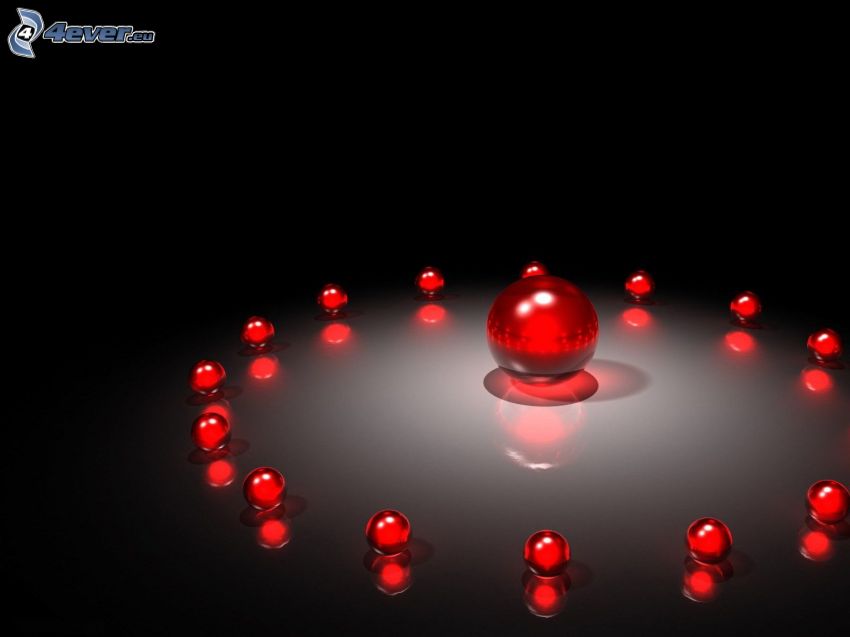 red balls, black background