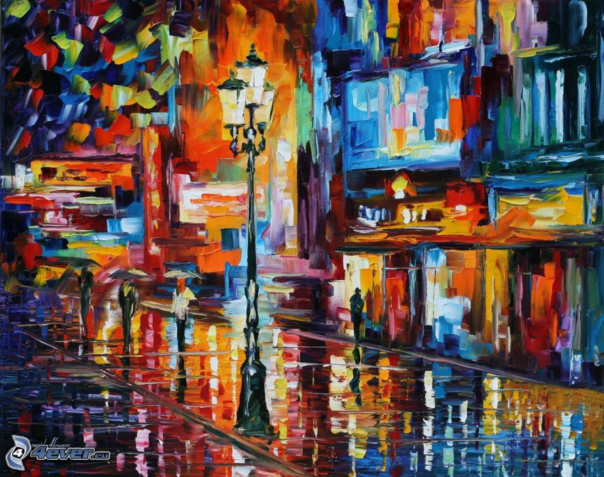street, street lamp, oil painting