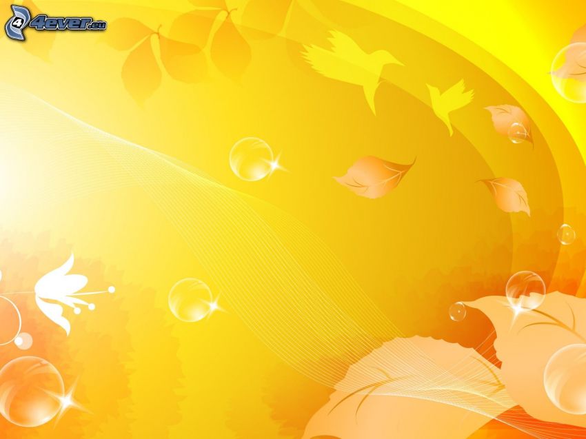 yellow background, leaves, birds, bubbles