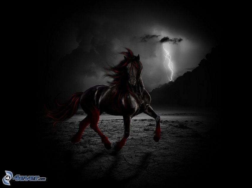 black horse, gallop, lightning, digital art