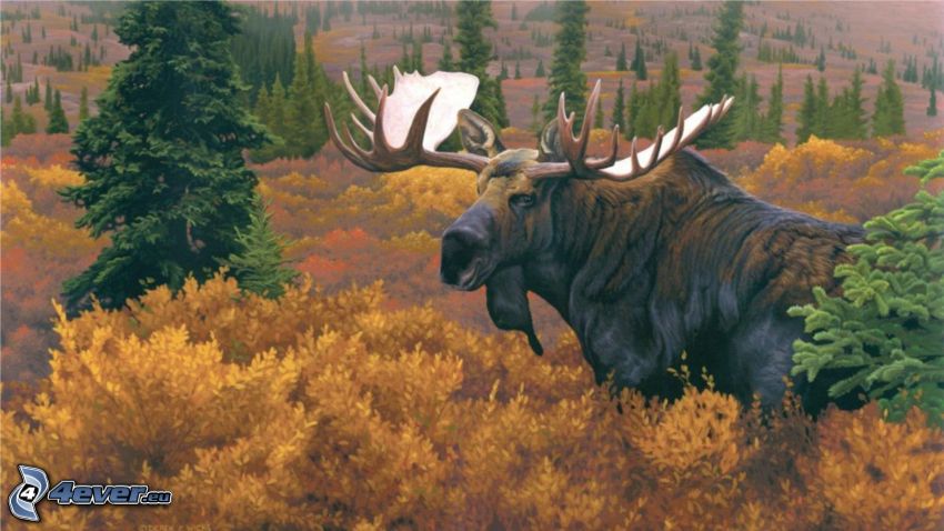 moose, trees, cartoon