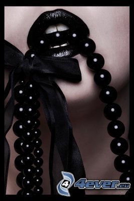 black lips, beads, necklace, teeth
