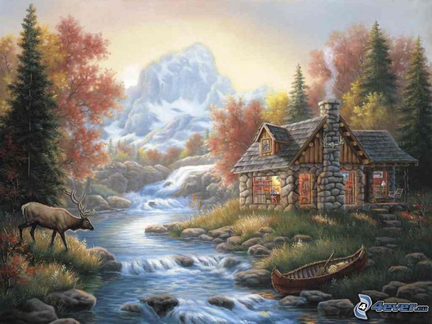 cartoon cottage, wilderness, River