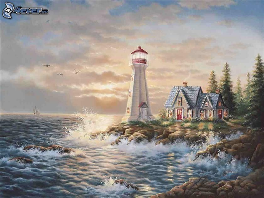 cartoon lighthouse, cottage, sea, coast