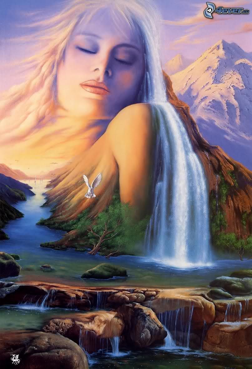 cartoon woman, hair, waterfall, mountain, nature, water
