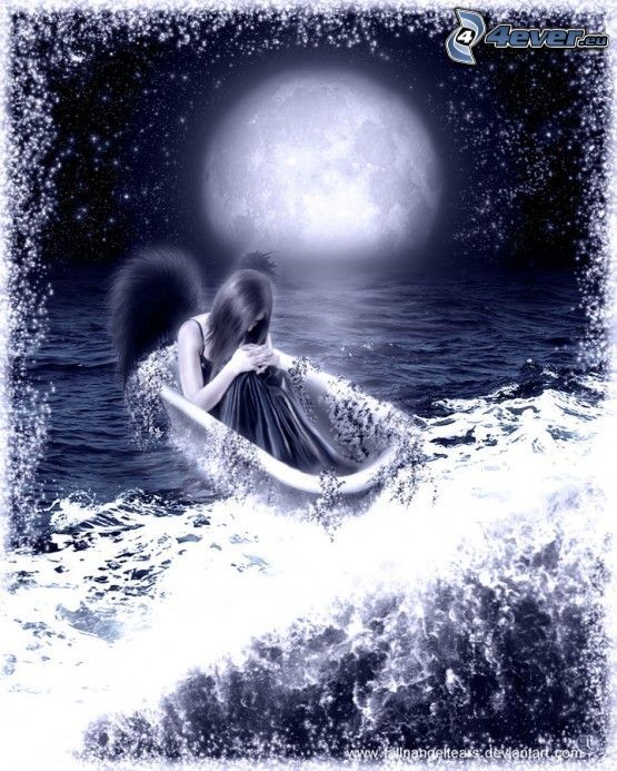 fallen angel, bath, sea, moon