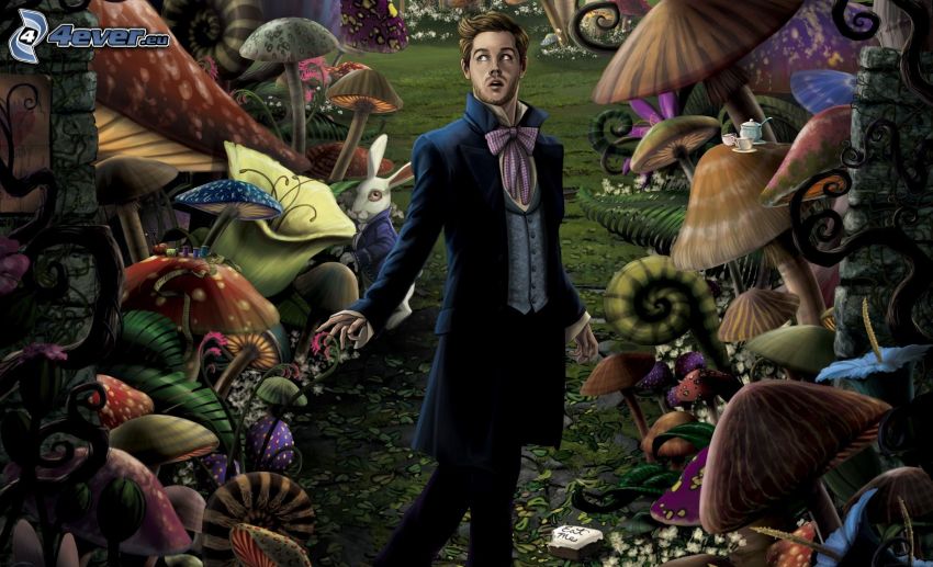 Alice in Wonderland, man in suit, mushrooms