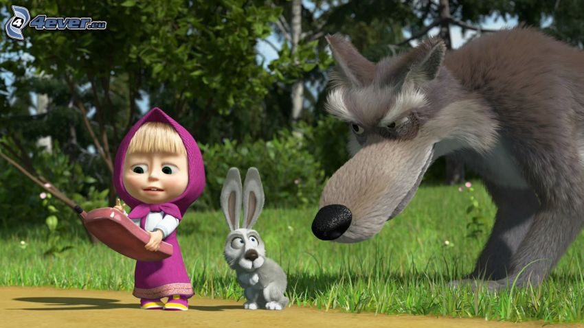 Little Masha and a Bear, cartoon bunny, cartoon wolf