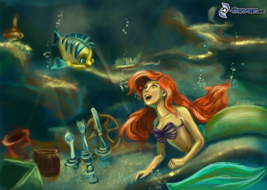 mermaid, yellow fish, swimming underwater
