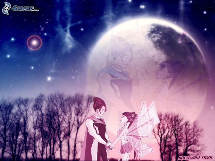 Musa, Riven, Winx Club, moon, trees