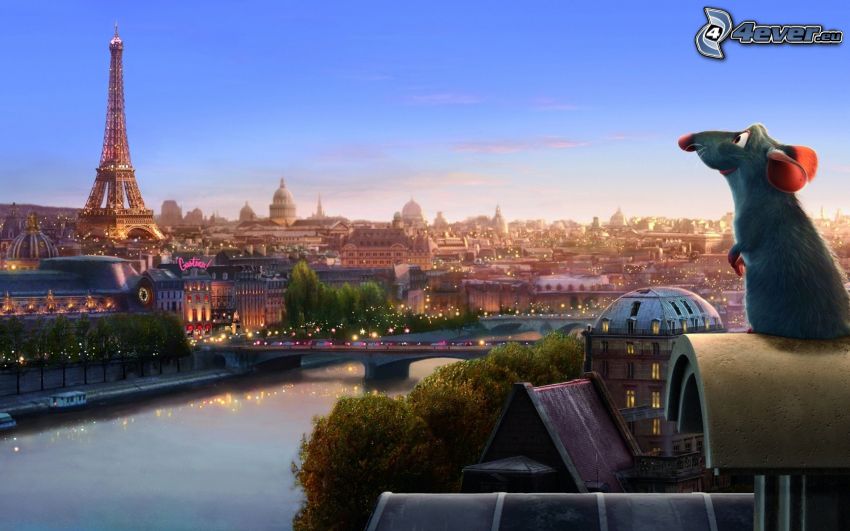 Ratatouille, rat, Eiffel Tower, Paris, Seine, France, view of the city