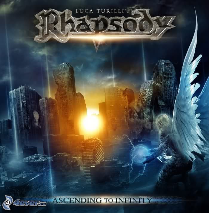 Ascending to Infinity, Rhapsody of Fire, man, wings, ruined city