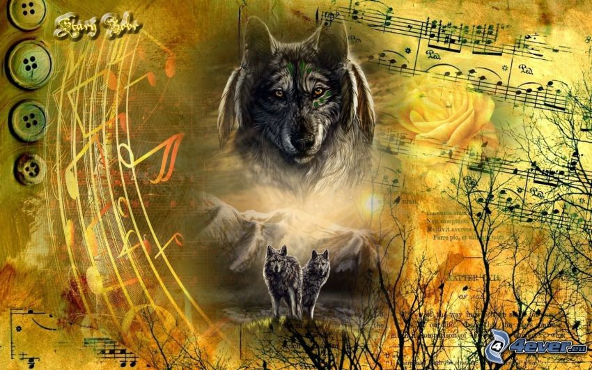 cartoon wolves, sheet of music