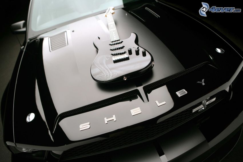electric guitar, Ford Mustang Shelby, black and white photo
